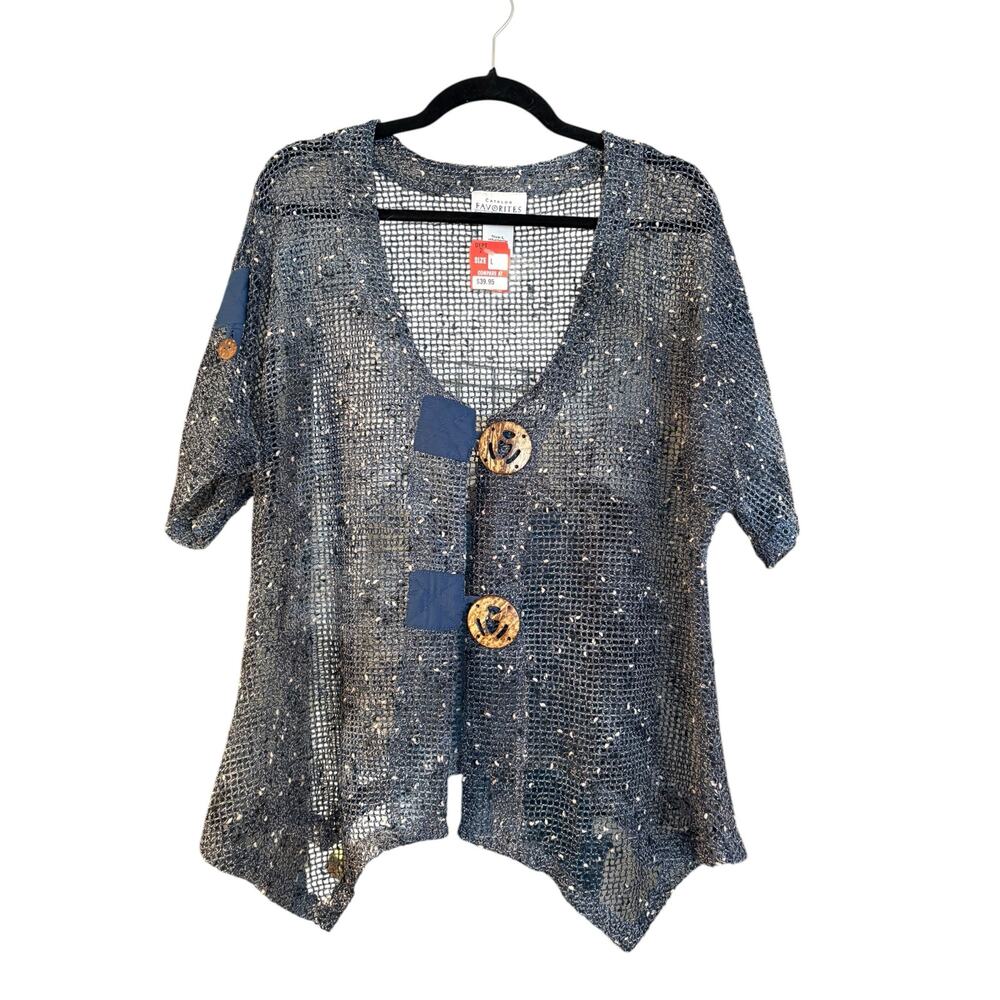 Catalog Favorites Artsy Lagenlook Top Shirt L Blue Large Buttons Open Knit